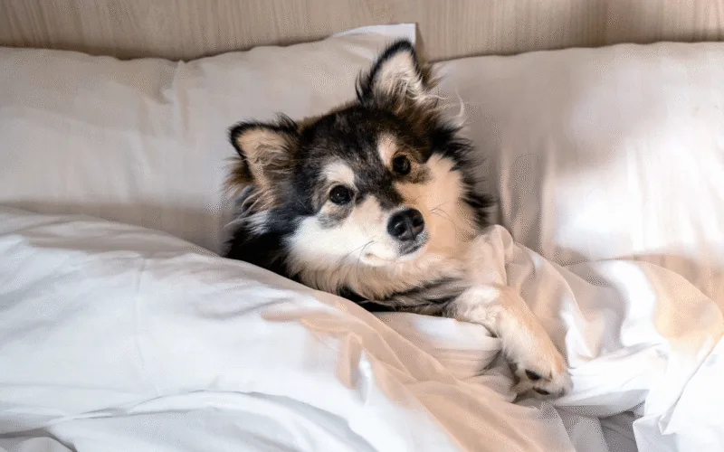 En vargliknande hund ligger nerbäddad i en hotellsäng och tittar mot kameran