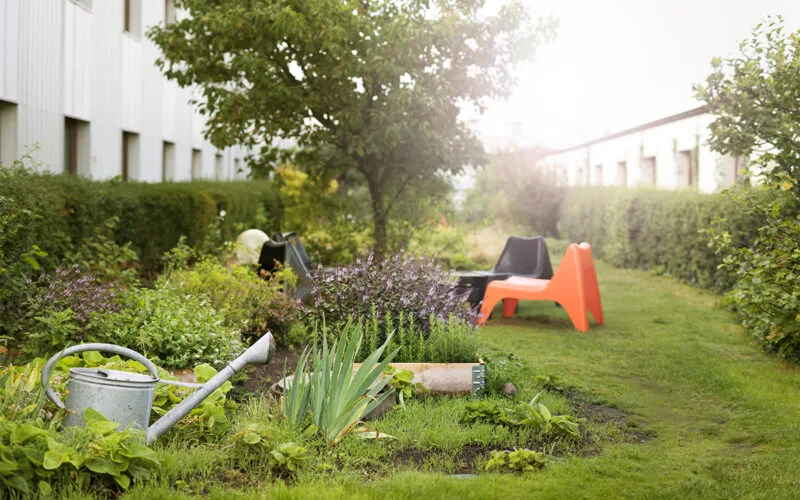 Trädgård med sittplatser, grönska och blommor vid hotellet