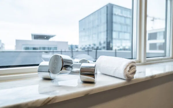 Kromade hantlar och en ihoprullad vit handduk på en fönsterbräda.