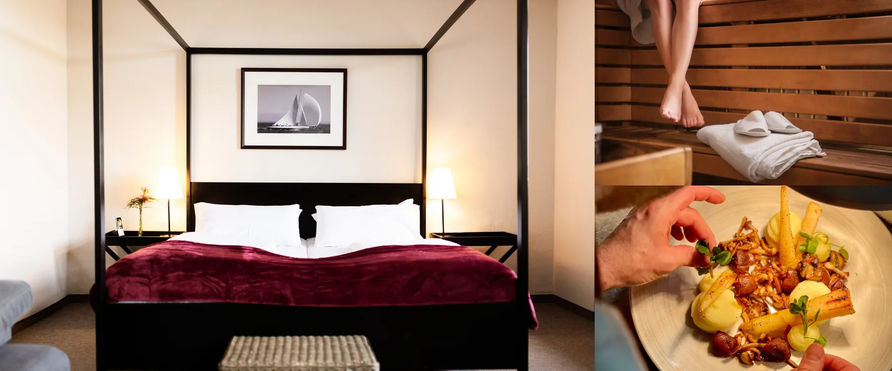 Bett von einem Hotelzimmer, Person in Sauna und Essenzubereitung