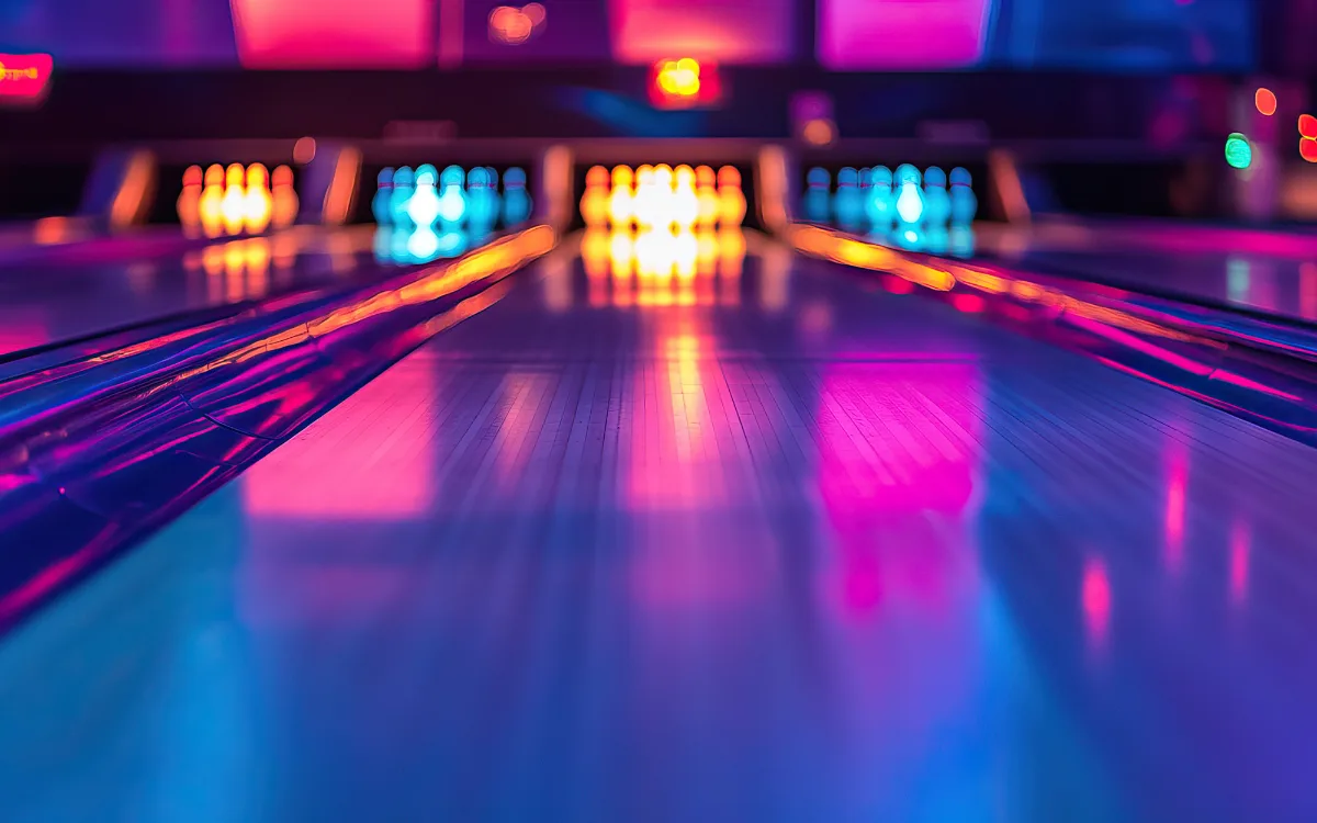 Bowling hall in neon red and purple lights