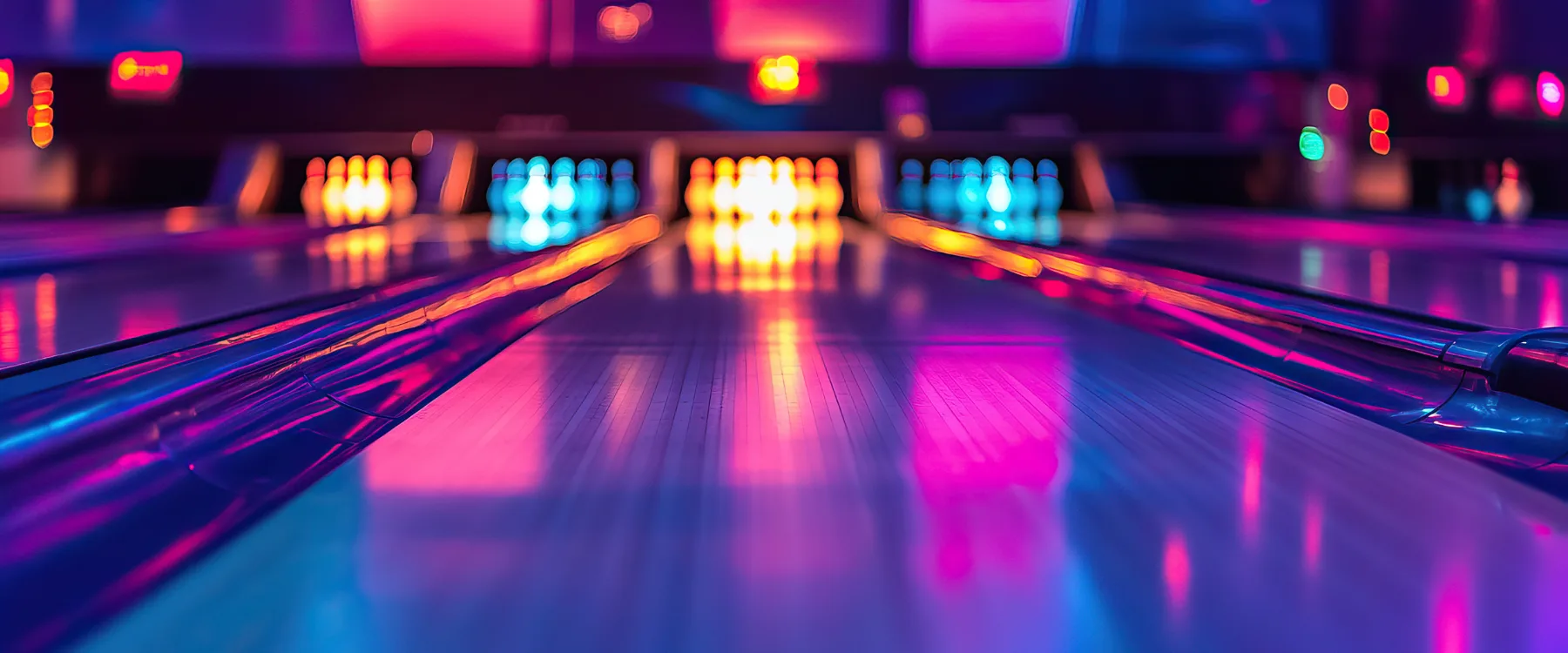 Bowling hall in neon red and purple lights