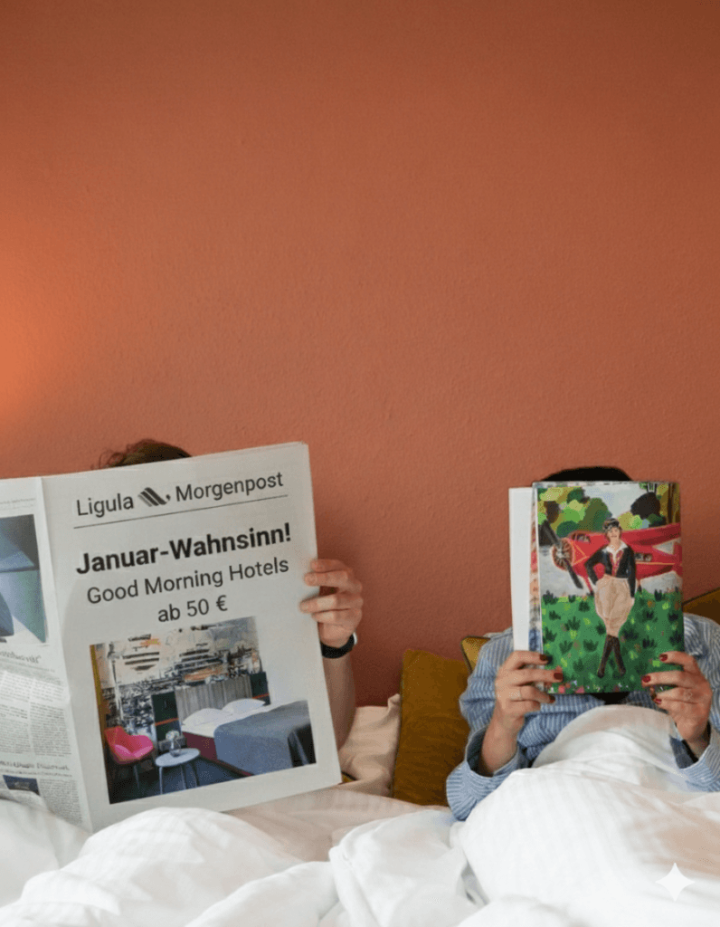 paar im Hotelbett beim lesen