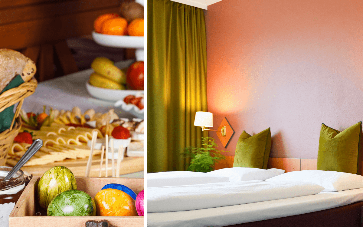 Osterfrühstück und Hotelzimmer mit einem Bett
