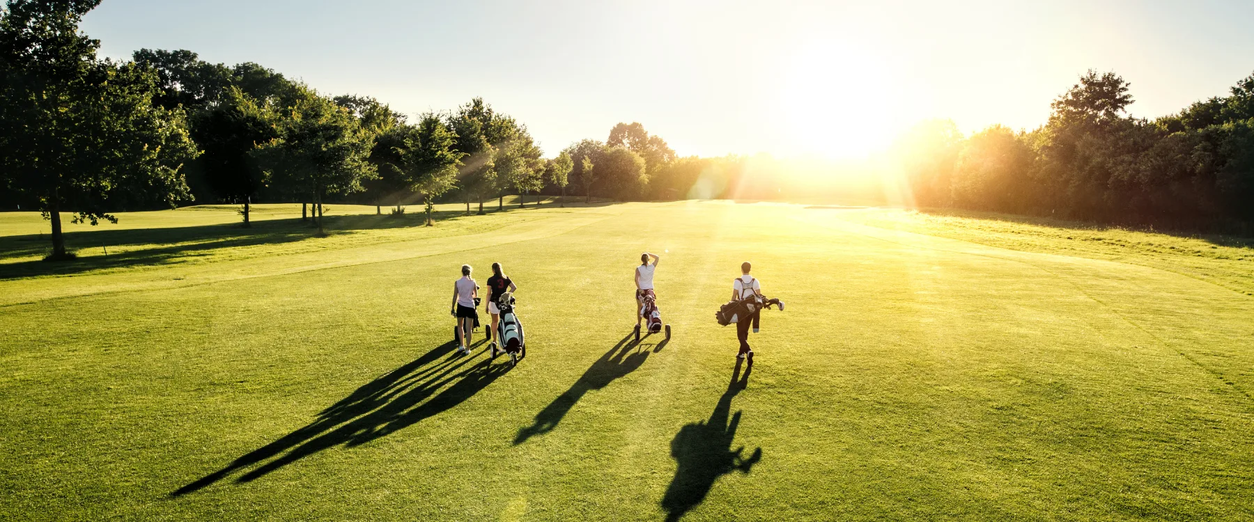 Golfbana med grönt gräs och låg sol.