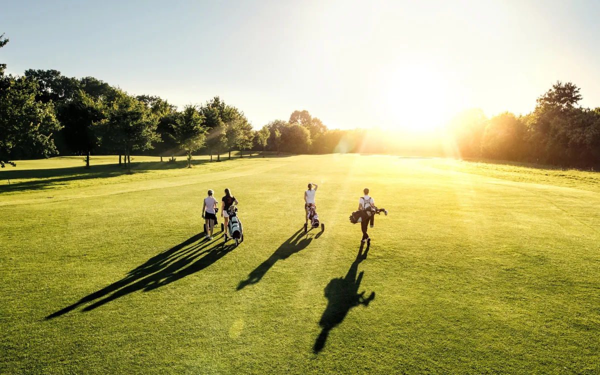 Golfbana med grönt gräs och låg sol.