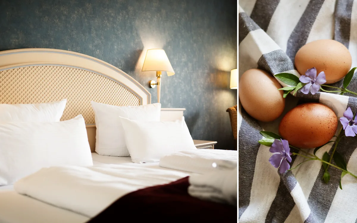 Hotelbett und Ostereiern