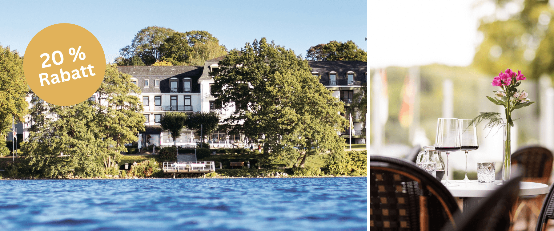 Blick vom Hotel vom see aus und Tisch im außenbereich mit Blumenvase und 2 Gläsern Wein