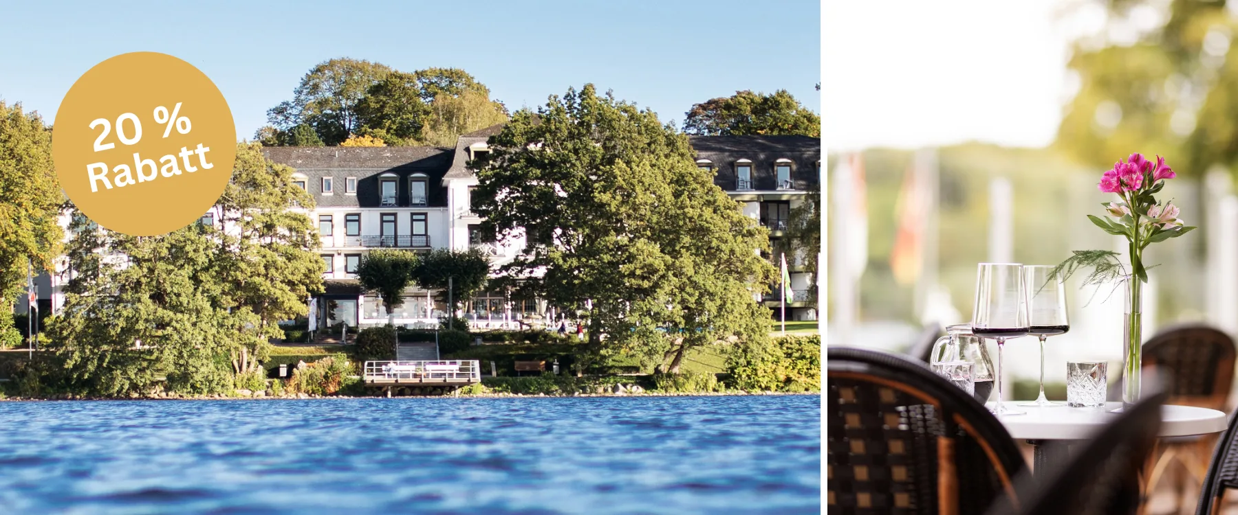 Blick vom Hotel vom see aus und Tisch im außenbereich mit Blumenvase und 2 Gläsern Wein