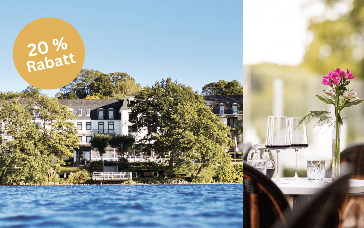 Blick vom Hotel vom see aus und Tisch im außenbereich mit Blumenvase und 2 Gläsern Wein