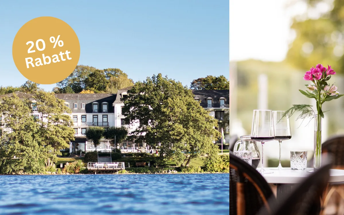 Blick vom Hotel vom see aus und Tisch im außenbereich mit Blumenvase und 2 Gläsern Wein