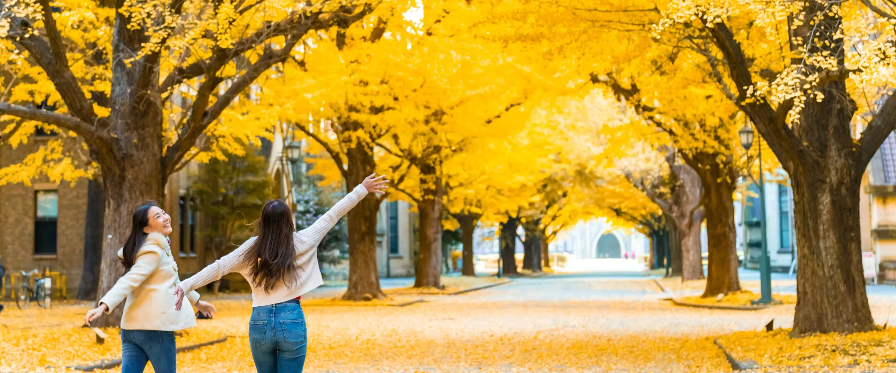 two woman walking in a city with yellow leafed treas